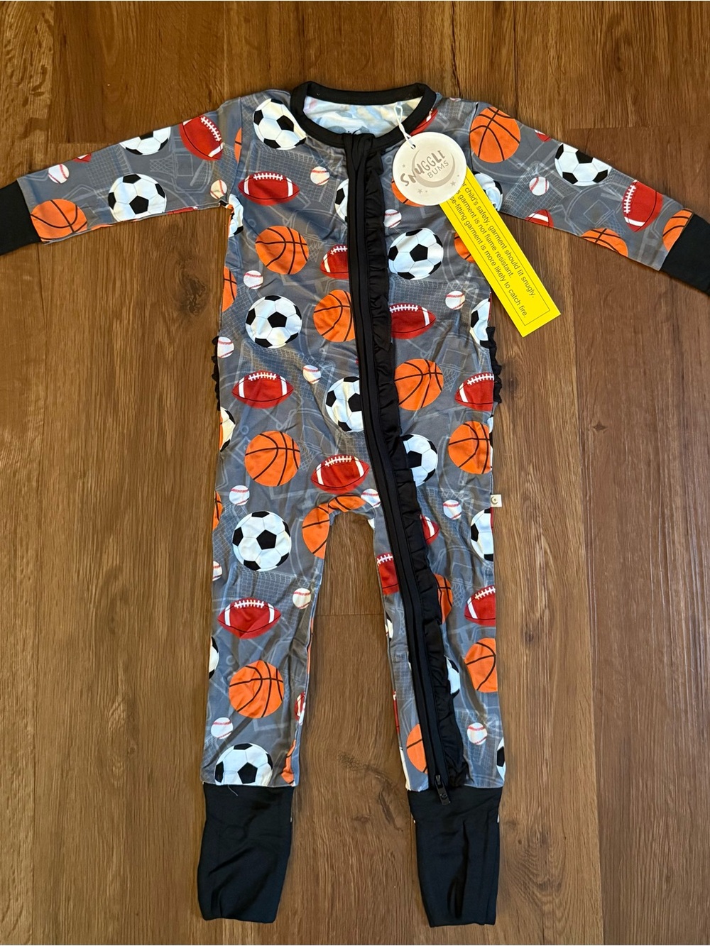 NWT Snuggle Bums Kids Grey Sports Ball Footed One-Piece with Orange Accents